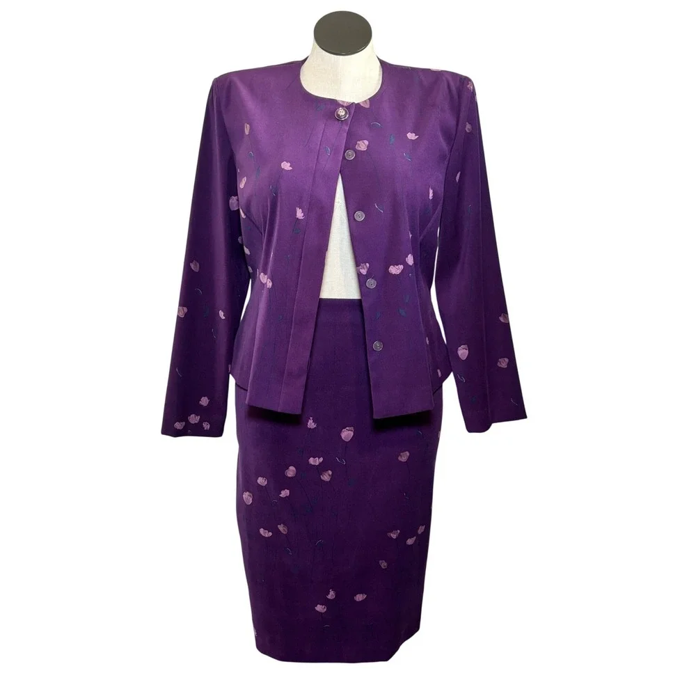 Leslie Fay Vintage Purple Floral Skirt‎ Suit Set Jacket Midi Skirt Size 14